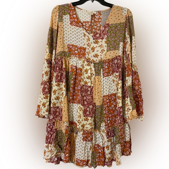 easel Dresses & Skirts - Easel Pumpkin Spice Boho Patchwork Print Ruffle Long  Sleeves Mini Dress